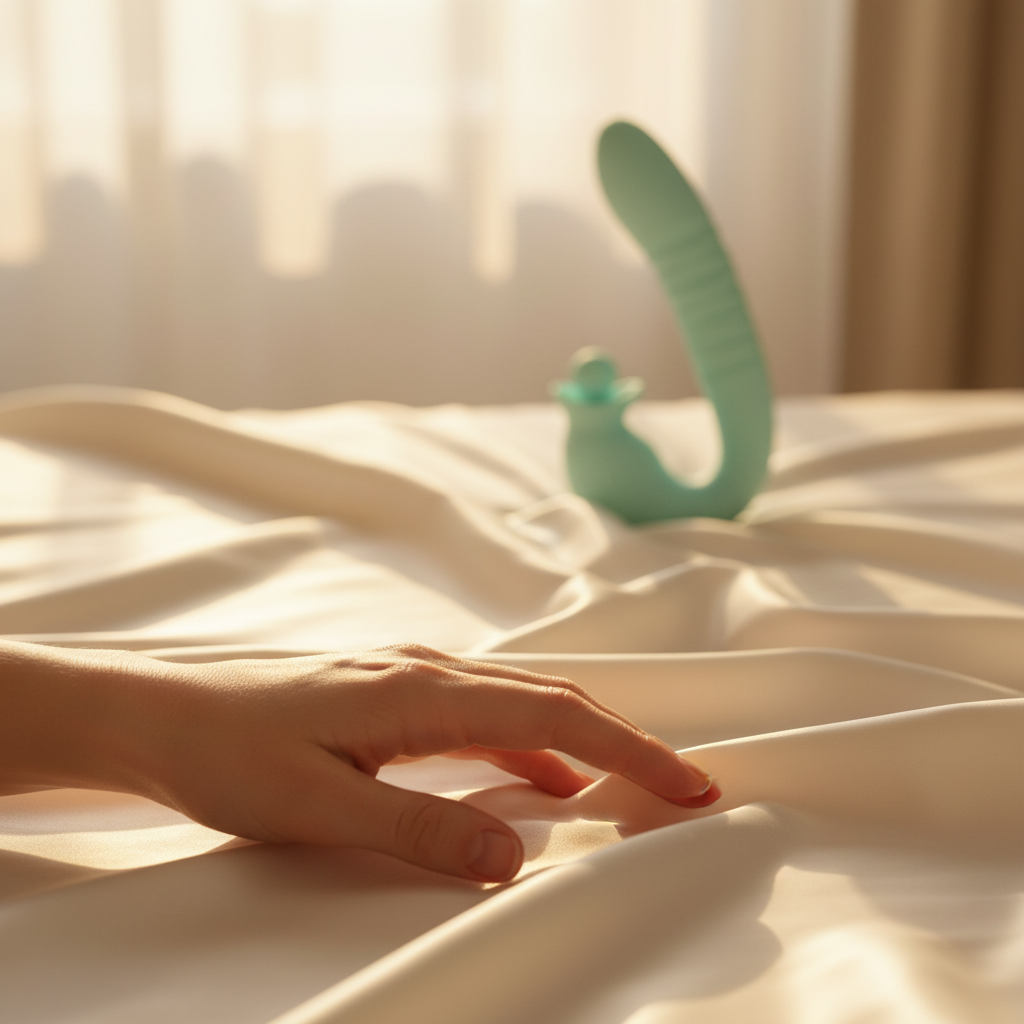Miami Blue Luxus Vibrator aus Silikon in Mintfarbe on bed