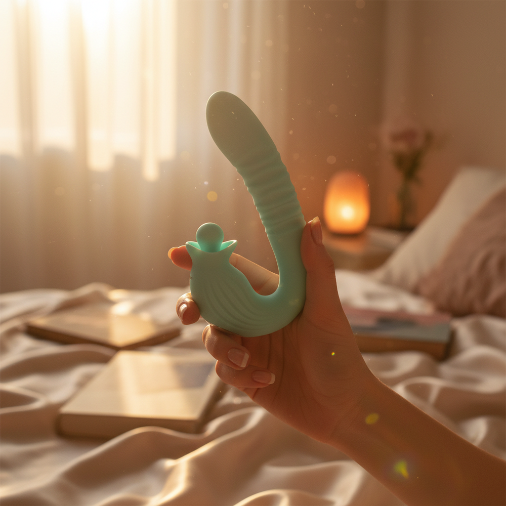 Miami Blue Luxus Vibrator aus Silikon in Mintfarbe in hand